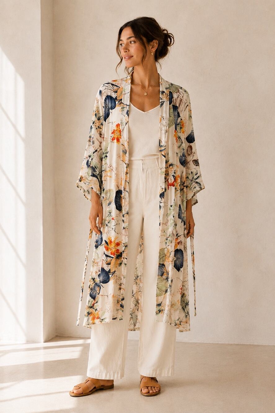 Botanical Floral Kimono Robe Duster Maxi Belted One Size